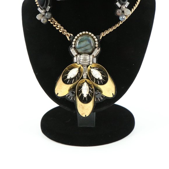 Ranjana Khan Labradorite Necklace Gold Tone Chain Clip On Earring Set - Picture 2 of 8